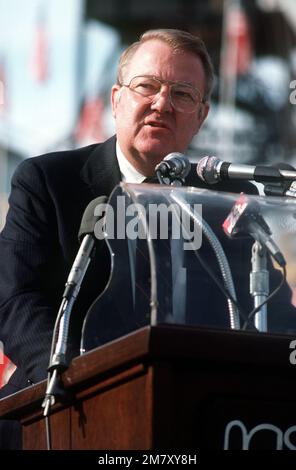 Edwin Meese III, counselor to the president, speaks at the launching ceremony for the cable repair ship USNS ZEUS (T-ARC-7). The ship was built by the National Steel and Shipbuilding Company. Base: San Diego State: California (CA) Country: United States Of America (USA) Stock Photo