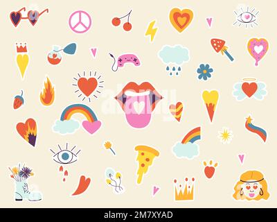 Groovy hippie love stickers set. Retro 60s 70s elements. Cartoon funky. Sticker pack in trendy retro psychedelic cartoon style. Stock Vector