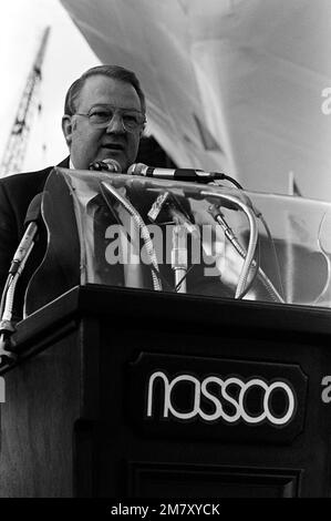 Edwin Meese III, counselor to the president, speaks at the launching ceremony for the cable repair ship USNS ZEUS (T-ARC-7). The ship was built by the National Steel and Shipbuilding Company. Base: San Diego State: California (CA) Country: United States Of America (USA) Stock Photo