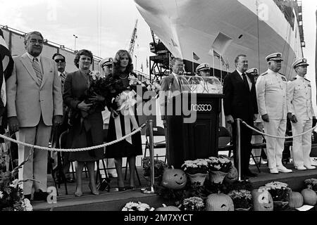 Edwin Meese III, counselor to the president, (right of the podium) stands on the speakers platform with other dignitaries, during the launching ceremony for the cable repair ship USNS ZEUS (T-ARC-7). The ship was built by the National Steel and Shipbuilding Company. Base: San Diego State: California (CA) Country: United States Of America (USA) Stock Photo