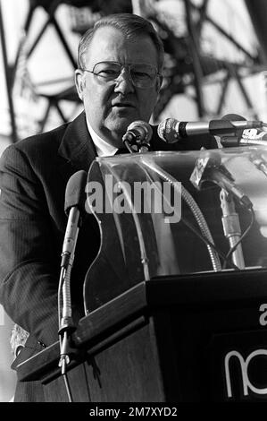 Edwin Meese III, counselor to the president, speaks at the launching ceremony for the cable repair ship USNS ZEUS (T-ARC-7). The ship was built by the National Steel and Shipbuilding Company. Base: San Diego State: California (CA) Country: United States Of America (USA) Stock Photo