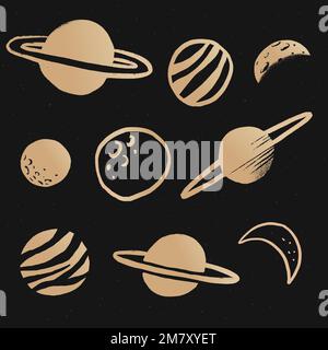 Cute solar system gold vector galaxy doodle illustration sticker Stock Vector