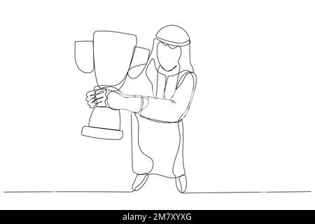 Illustration of arab businessman happy holding trophy showing success and achievement. Single continuous line art style design Stock Vector