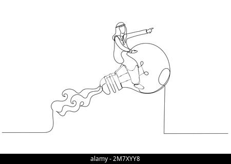 Drawing of arab businessman leader riding flying bright lightbulb lamp with rocket booster in the cloud sky. Creative new idea. Single continuous line Stock Vector