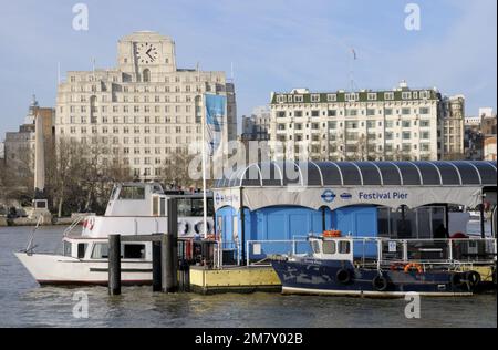 London, England, UK. River Thames, Festival Pier and Shell Mex House (1931 - Grade II Listed building) Stock Photo