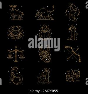 Gold zodiac sign set on a black background vector Stock Vector