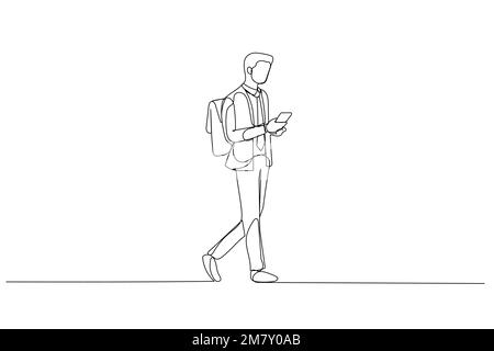 Cartoon of businessman using phone walking commuting to work with backpack bag. Single line art style Stock Vector