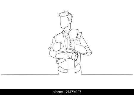 Drawing of businessman holding many awards winning from competition. Single continuous line art style design Stock Vector