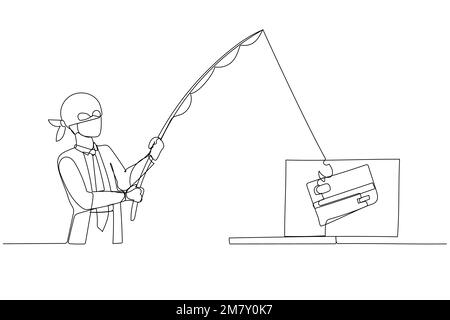 Cartoon of businessman as cyber thief hacker try to get credit card concept of phishing. One line art style design Stock Vector