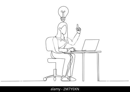 Cartoon of happy businesswoman working at his desk and creating a lot of idea bulbs. Single continuous line art style design Stock Vector