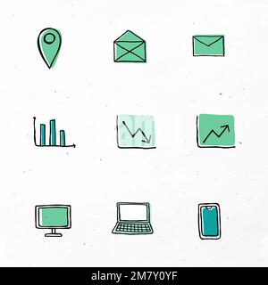 Green business icons vector with doodle art design set Stock Vector