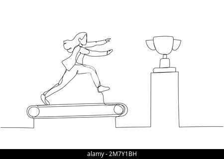 Illustration of businesswoman running on the treadmill try to get trophy concept of rat race. Single continuous line art style design Stock Vector