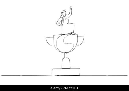 Cartoon of arab businessman winner raising flag on winning trophy get victory. Continuous line art design Stock Vector