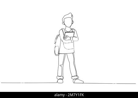 Cartoon of young boy standing and holding books. One line art style Stock Vector