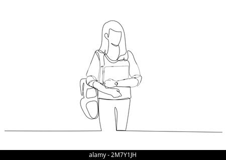 Cartoon of woman student using laptop at university. One continuous line art style Stock Vector