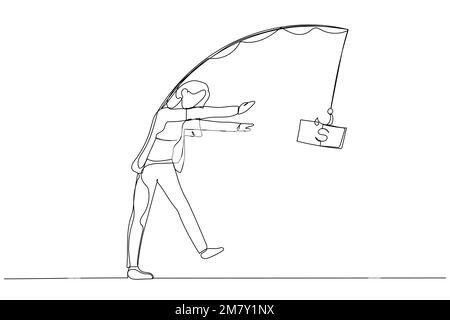 Cartoon of businesswoman walk like zombie live life with money as motivation. Single line art style design Stock Vector