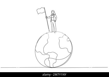 Illustration of businesswoman climb up ladder holding winning flag on globe winning global business competition. Single line art style design Stock Vector