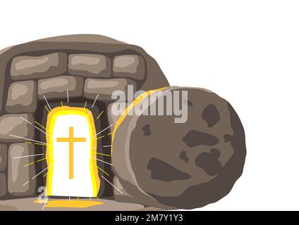 Christian illustration of burial cave. Happy Easter image. Stock Vector