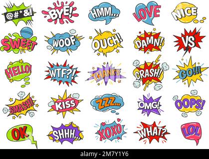 Cartoon speech bubbles. Comic book funny sound effects, xoxo kiss, sweet and smash. Omg, lol and love text balloon vector set Stock Vector