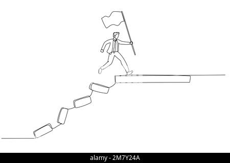 Drawing of businessman jumping on collapse bridge to reach target concept of survival. Single continuous line art style design Stock Vector