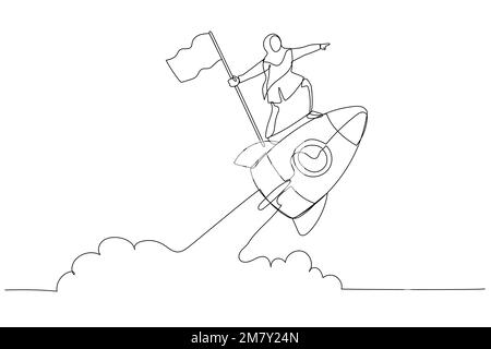 Cartoon of muslim woman enterpreneur holding number one flag standing on flying rocket. One continuous line art style design Stock Vector