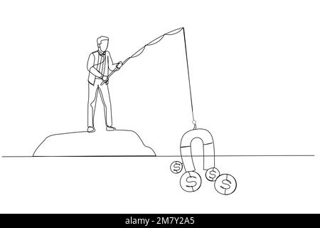 Drawing of businessman fishing money with big magnet. Single continuous line art style design Stock Vector