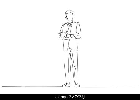 Drawing of positive businessman holding clipboard giving presentation. Continuous line art style Stock Vector