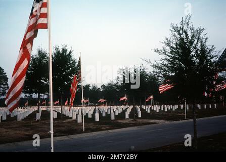 A view of the flag filled Barrancas National Cemetery on Veterans Day. Base: Naval Air Station, Pensacola State: Florida (FL) Country: United States Of America (USA) Stock Photo