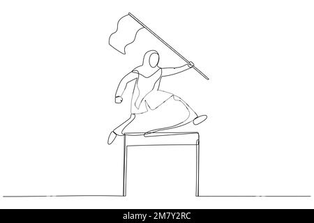 Illustration of muslim business woman competing in race holding a leader flag jumping over obstacle concept of determination. Continuous line art desi Stock Vector