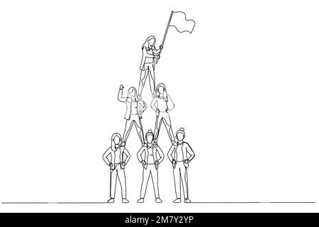 Illustration of businesswoman make pyramid and lead by business leader with flag. One line art style design Stock Vector