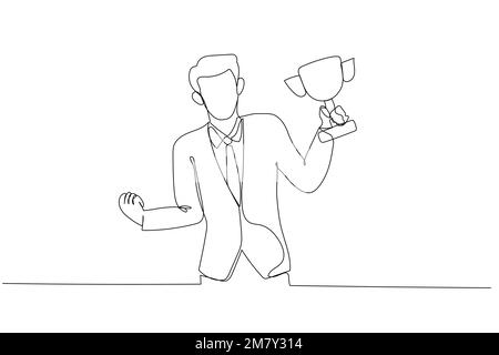 Illustration of businessman holding a trophy success get promotion. Single line art style design Stock Vector