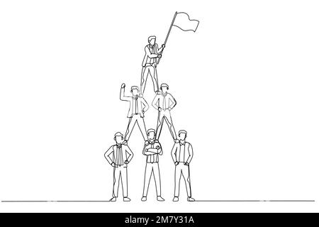 Drawing of businessman make pyramid and lead by business leader with flag. Continuous line art design Stock Vector