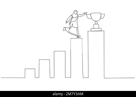 Drawing of winning muslim businesswoman step up growing bar graph to win the trophy success concept. Single line art style design Stock Vector