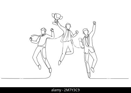 Drawing of businessman jumps in the air with trophy cup in the hand getting recognition. Single continuous line art design Stock Vector