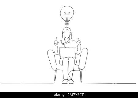 Cartoon of businesswoman having creative idea gesturing eureka with both hands. Single continuous line art style design Stock Vector