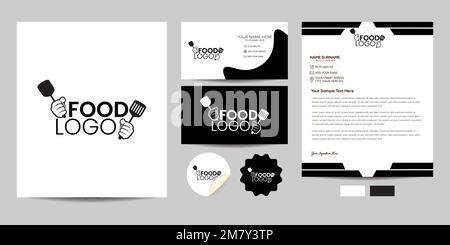 Corporate food logo identity template set. Complete branding logo template with the business card, letterhead, stickers, and color scheme. Simple real Stock Vector