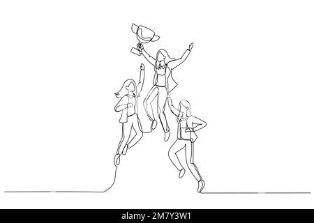 Cartoon of businesswoman jumping holding trophy get reward and celebrate. Continuous line art design Stock Vector