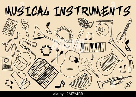 Black and white seamless pattern with with sheet music and musical instruments. Stock Vector