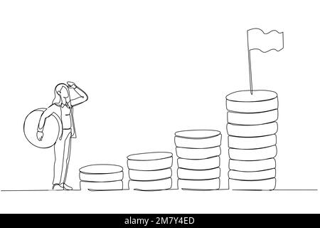 Drawing of businesswoman carrying money coin start step on compound money stack start invest. Single continuous line art style design Stock Vector