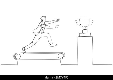 Drawing of businessman running on the treadmill try to get trophy concept of rat race. Continuous line art design Stock Vector