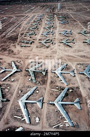An aerial view of several B-52 Stratofortress aircraft that have been placed in storage at the Military Aircraft Storage and Disposition Center (MASDC). Base: Davis-Monthan Air Force Base State: Arizona (AZ) Country: United States Of America (USA) Stock Photo