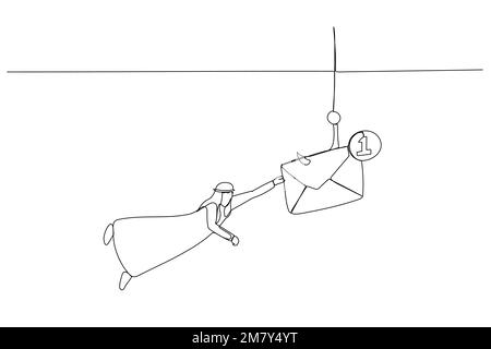 Cartoon of arab businessman diving underwater try to catch scam email concept of pishing and crime. Continuous line art style design Stock Vector
