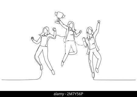 Cartoon of businesswoman jumps in the air with trophy cup in the hand getting recognition. Single line art style design Stock Vector