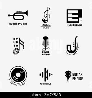 Editable flat music vector logo design set in black and white Stock Vector