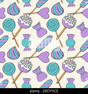 Candies doodle blue and violet pattern seamless background. Hand drawn doodle sketch. Vector illustration Stock Vector