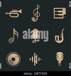 Flat music vector icon design collection in black and gold Stock Vector