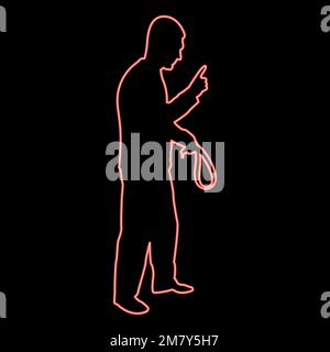 Neon angry man with belt in hand for punishment warns showing index finger Violence in family concept Abuse idea Domestic trouble Fury male Stock Vector
