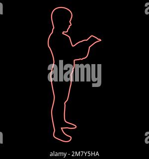 Neon boy reading book standing Teen male with open book in his hands Cute schoolboy read Ready to back to school concept Education online learning Stock Vector