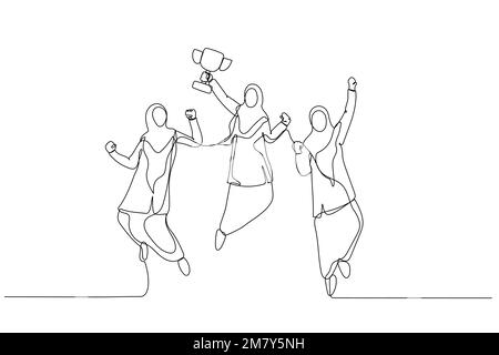 Cartoon of muslim businesswoman jumps in the air with trophy cup in the hand getting recognition. Single continuous line art style design Stock Vector