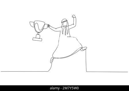 Drawing of arab businessman holding winning trophy jumping high for celebration concept of celebration. Single continuous line art design Stock Vector